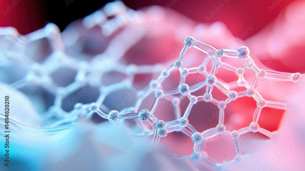Poster subtle gradient in medical colors with hexagonal molecules and flowing lines, futuristic design