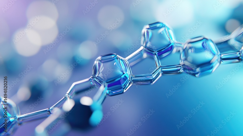 Poster subtle gradient in medical colors with hexagonal molecules and flowing lines, futuristic design