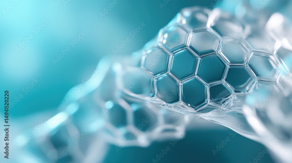 Poster subtle gradient in medical colors with hexagonal molecules and flowing lines, futuristic design