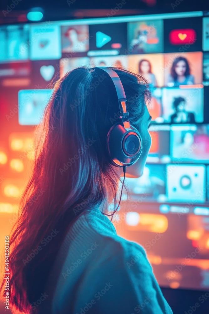 Poster video editor working with headphones and multiple screens in a modern studio