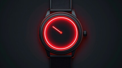 Sleek black wristwatch with a minimalist red neon dial