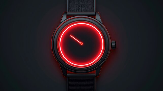 Sleek black wristwatch with a minimalist red neon dial