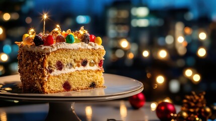 Three Kings fruitcake on elegant table, background featuring cozy city apartment with twinkle lights