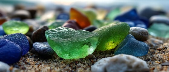Close-up of polished green and blue sea glass and multicolored pebbles on a sunlit sandy beach summer background