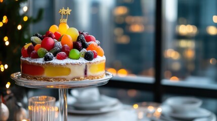 Traditional Three Kings fruitcake centerpiece with colorful candied fruits, city lights twinkling through the window