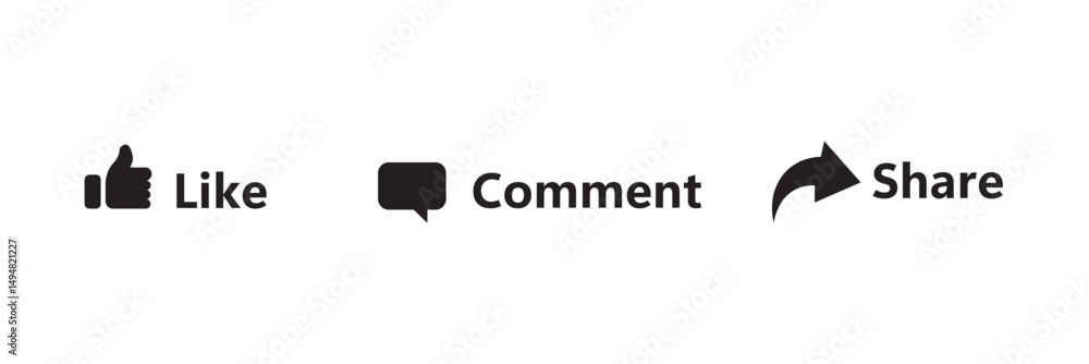 Poster like, share and comment icons buttons set with black color. like icon button, thumb up, comment, rep