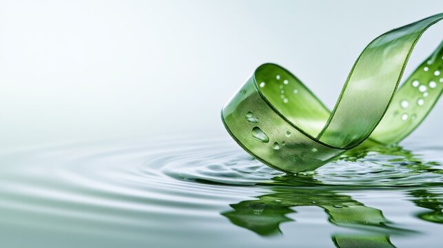 Transparent ribbon over water reflection, serene green tone, abstract composition