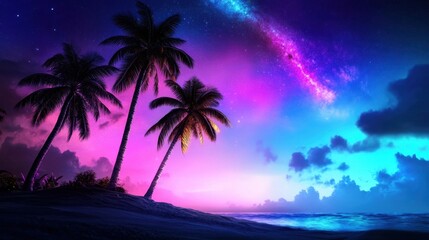 Obraz premium Tropical night with silhouettes of palm trees, neon-lit horizon and a galaxy sky