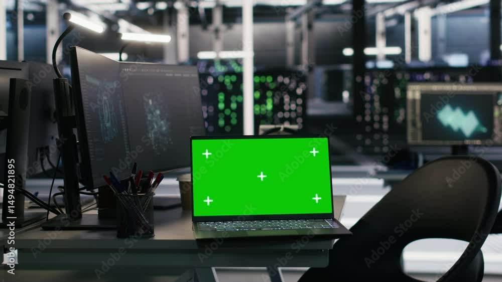 Poster chroma key laptop and desktop pc used for visualizing ai workloads and inspecting server room layout