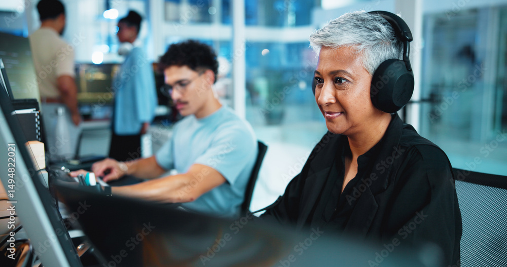 Aufkleber Office, businesswoman and headphones with computer for web development, coding and listening to music. Coworking, night and mature developer with digital for programming, software update and podcast