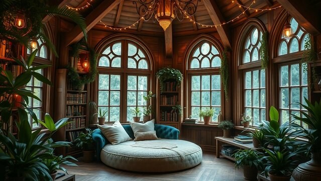 Fantasievolle Leseecke in einem Turmzimmer mit alten Fenstern, warmem Licht, Pflanzen und vielen B&uuml;chern &ndash; ideal f&uuml;r Leseratten und Fantasy-Fans.