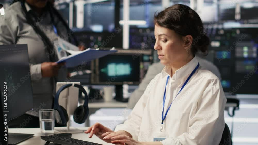 Poster data center software developer using pc to monitor neural network ai visualization. woman working in