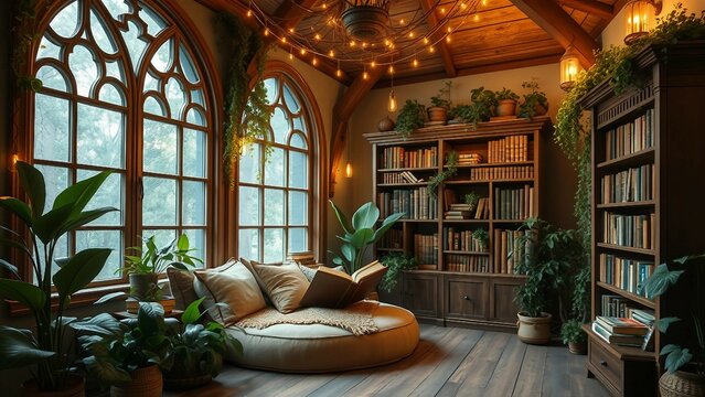 Fantasievolle Leseecke in einem Turmzimmer mit alten Fenstern, warmem Licht, Pflanzen und vielen B&uuml;chern &ndash; ideal f&uuml;r Leseratten und Fantasy-Fans.