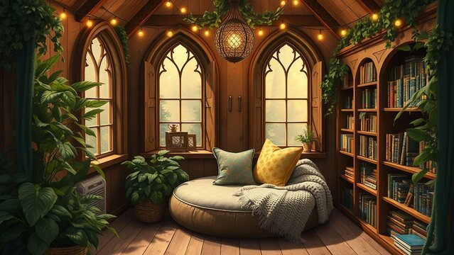 Fantasievolle Leseecke in einem Turmzimmer mit alten Fenstern, warmem Licht, Pflanzen und vielen B&uuml;chern &ndash; ideal f&uuml;r Leseratten und Fantasy-Fans.