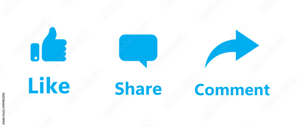 Poster like share comment and icon buttons isolated on transparent background. like button, thumb up, love 