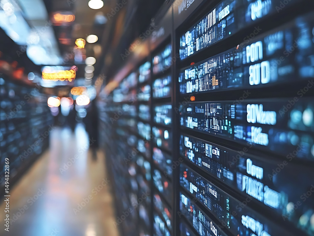 Poster abstract image of a modern data center with glowing screens displaying financial information. perfec