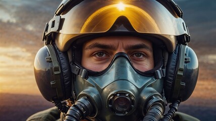 A close-up of a focused pilot in full flight gear reflects the sunset on his helmet visor, capturing intensity, discipline, and aviation pride