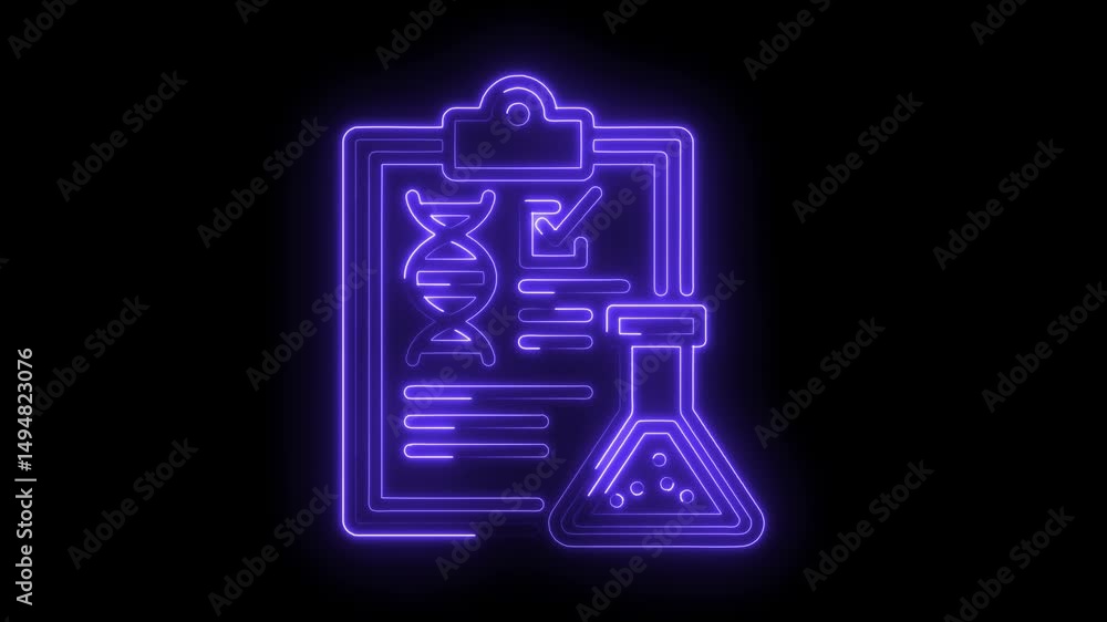 Poster neon style medical record showing dna results and erlenmeyer flask for science concept