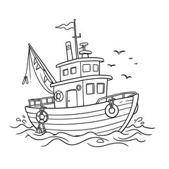 Fishing Boat with Seagulls on Ocean Waves