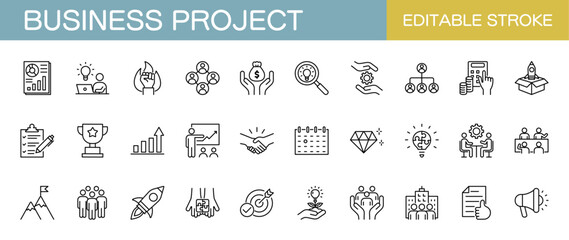 Business project line icon set. Success, company, management, teamwork. Editable stroke. Vector illustration