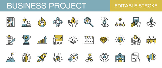 Colored business project line icon set. Success, company, management, teamwork. Editable stroke. Vector illustration