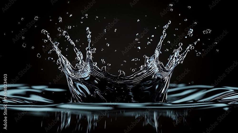 Poster stunning water splash with droplets in dark background captured in high definition for visual impact