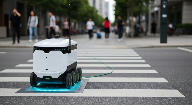 Autonomous delivery vehicle crossing the street