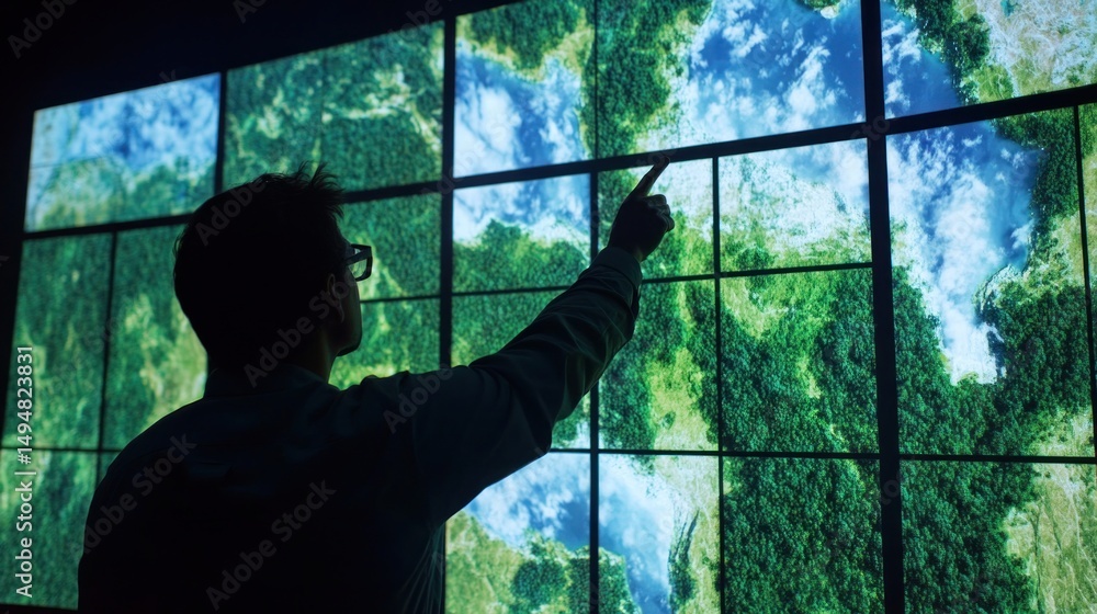 Poster scientist analyzing satellite images on multiple screens in control room