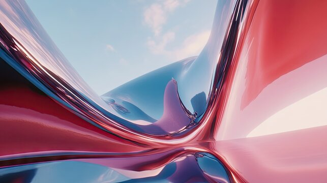 Abstract red and blue glossy flowing forms, creating a dynamic, futuristic tunnel-like composition against a light sky