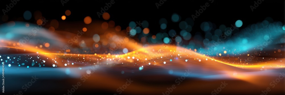 Poster abstract orange and teal wave background with bokeh lights