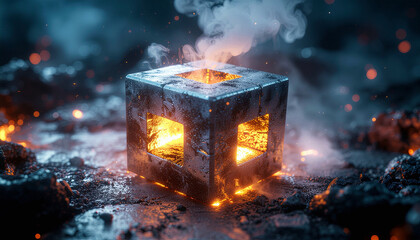 Glowing Metallic Cube Under Pressure with Cracks and Rising Heat