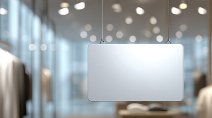 A white sign hangs from the ceiling in a store