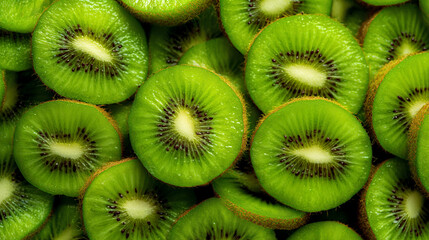 A close up shot of many kiwi slices arranged closely together creating a vibrant green texture effect
