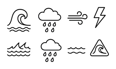 Weather outline icons set – storm, wind, climate symbols and linear signs