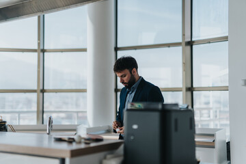 A professional businessman in a modern office setting, working independently at a desk. The large windows provide an open and bright atmosphere, emphasizing focus and productivity.