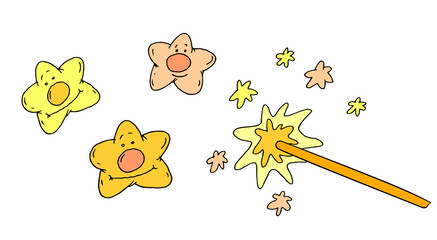 Charming illustration of magic wand casting spell with happy cartoon stars and sparkles. Kids' party invitations, greeting cards, educational materials, fairy tale books, magical-themed designs
