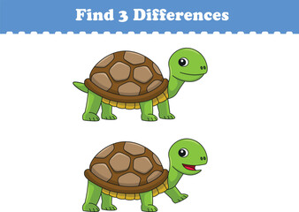 Education game for children find three differences between two tortoise cartoon. Vector illustration