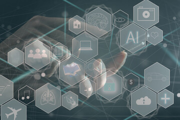 Artificial Intelligence AI, Internet of Things IoT. Business man using laptop computer on...