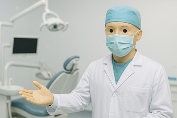 AI generated humanoid dental robot in white coat gesturing invitation in sterile dental clinic with advanced dental equipment and bright examination lights