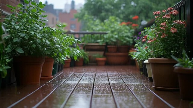 Urban balcony garden wet wooden deck rain drops Lush greenery and colorful flowers in terracotta pots line a balcony