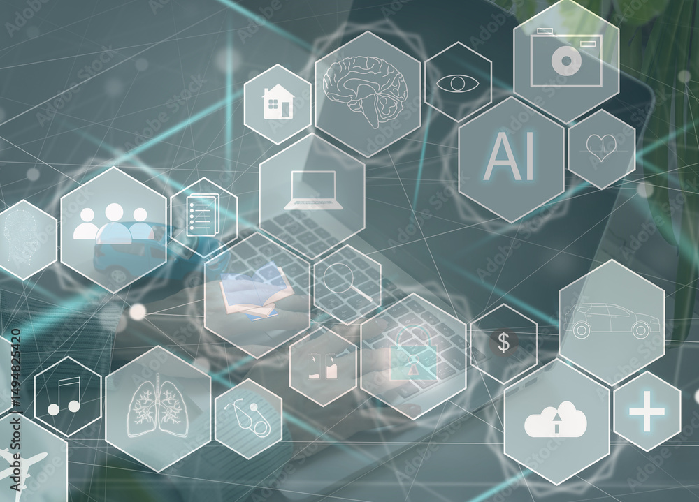 Poster ai (artificial intelligence) concept. electronic circuit. communication network.