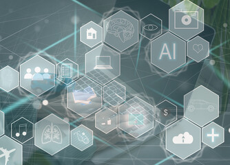 AI (Artificial Intelligence) concept. Electronic circuit. Communication network.