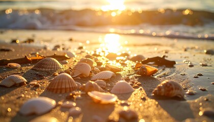Low sunlight casting golden reflections on ocean ripples, with driftwood and shells scattered on a serene shoreline.