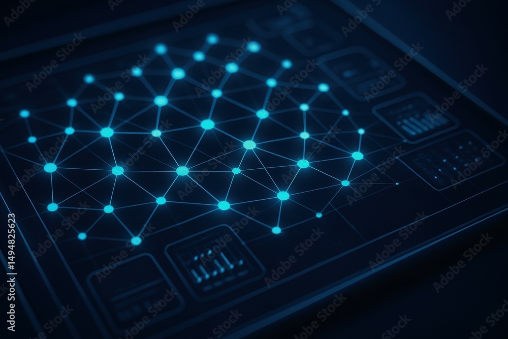 Poster digital network visualization on tablet screen with data analytics in dark background