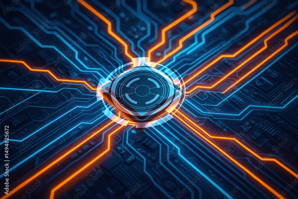 Poster central processing unit surrounded by colorful circuit board connections and patterns