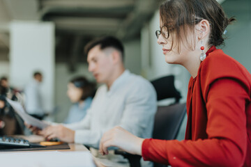 Multicultural employees focusing on work in a modern office setting. This image captures teamwork, concentration, and the collaborative spirit of a diverse workplace.