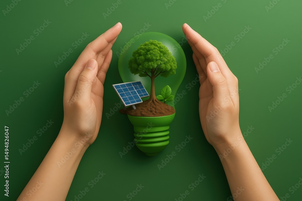 Poster hands protecting a lightbulb with a tree and solar panel on a green background