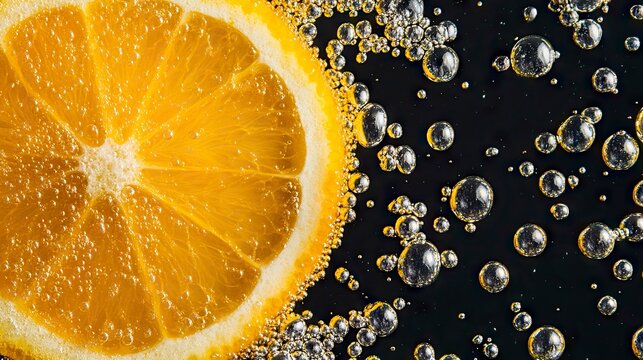 Sparkling Orange Slice in Water with Bubbles on Black Background