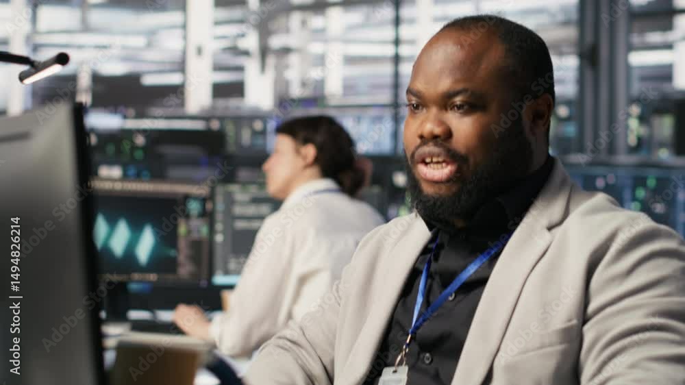 Poster data center system administrator monitoring servers gear performing ai training and inference tasks.