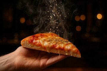 AI generated close-up of a large thick-crust pizza slice held in hand with steam rising, topped with cascading melted cheese and oregano sprinkle in a cozy dim-lit eatery